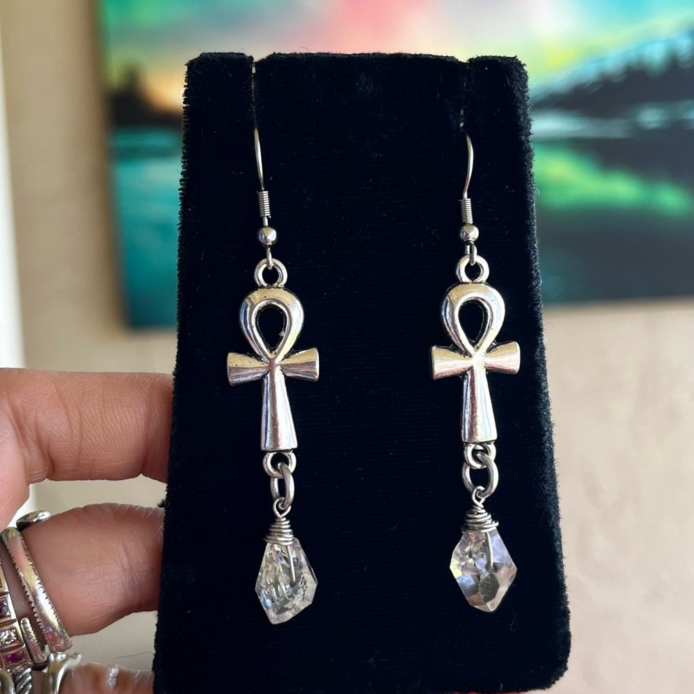 Herkimer diamonds anhks egyptian crosses earrings stainless steel post crystals - Picture 2 of 12